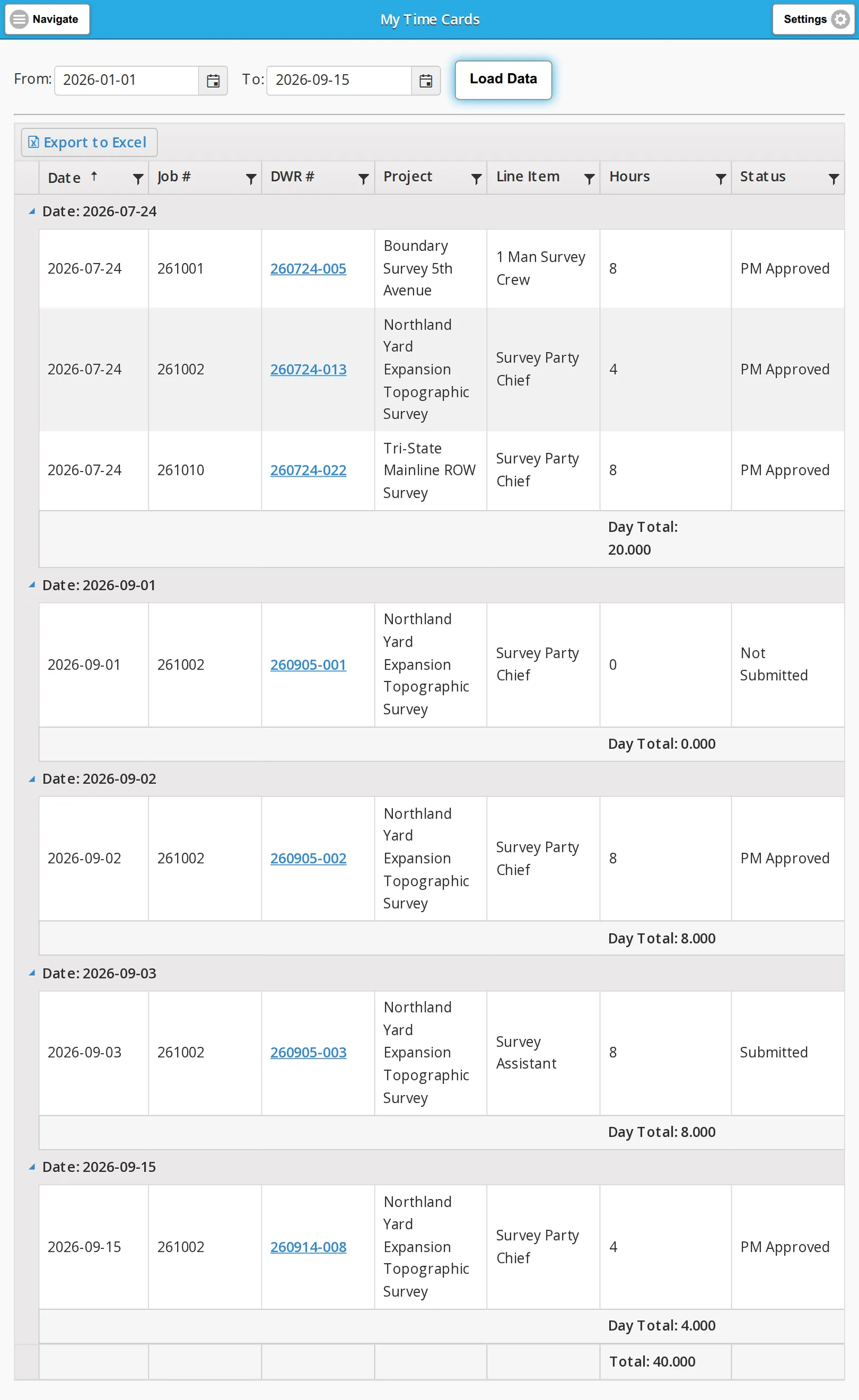 My Time Cards on a phone, loaded from the start of the year and grouped by day