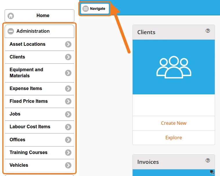 The Navigate button in the top-left corner, with the flyout open and the Administration group expanded