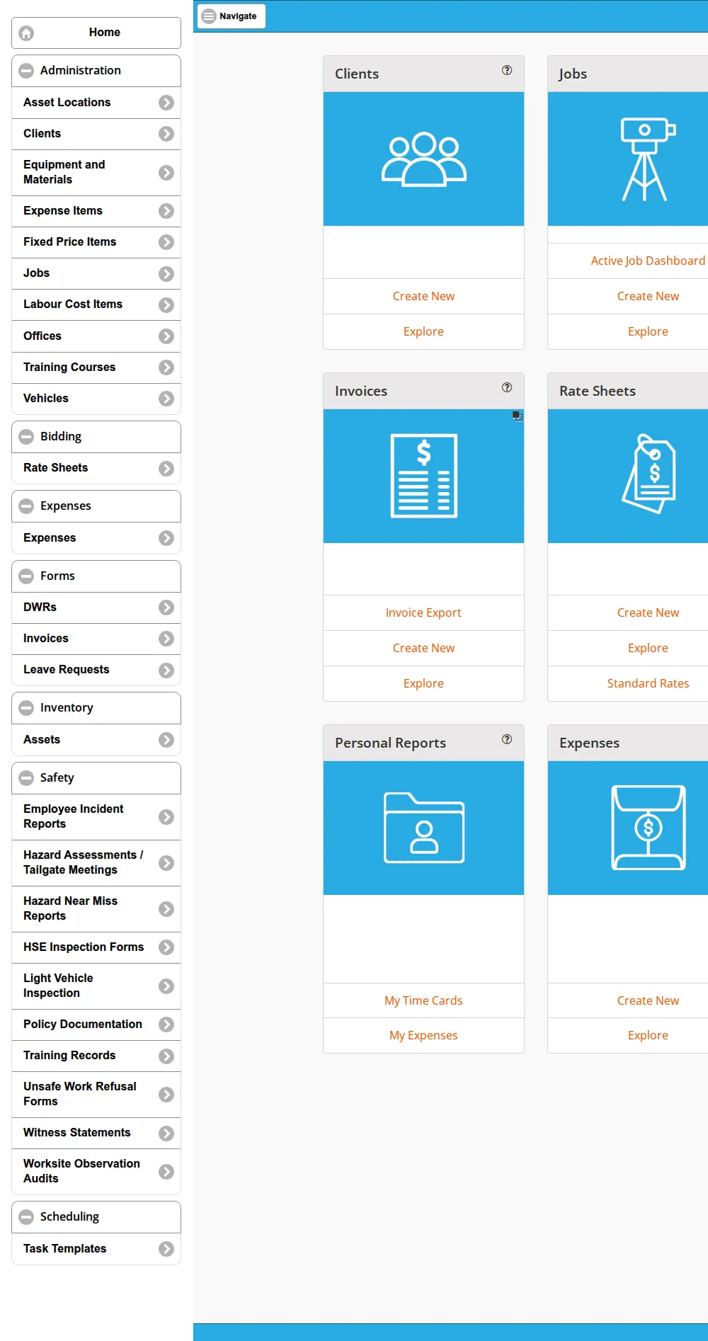 The Navigate menu open over the dashboard, with all seven groups expanded