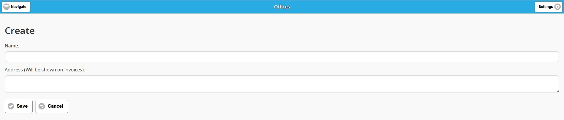 The blank Create form for an office