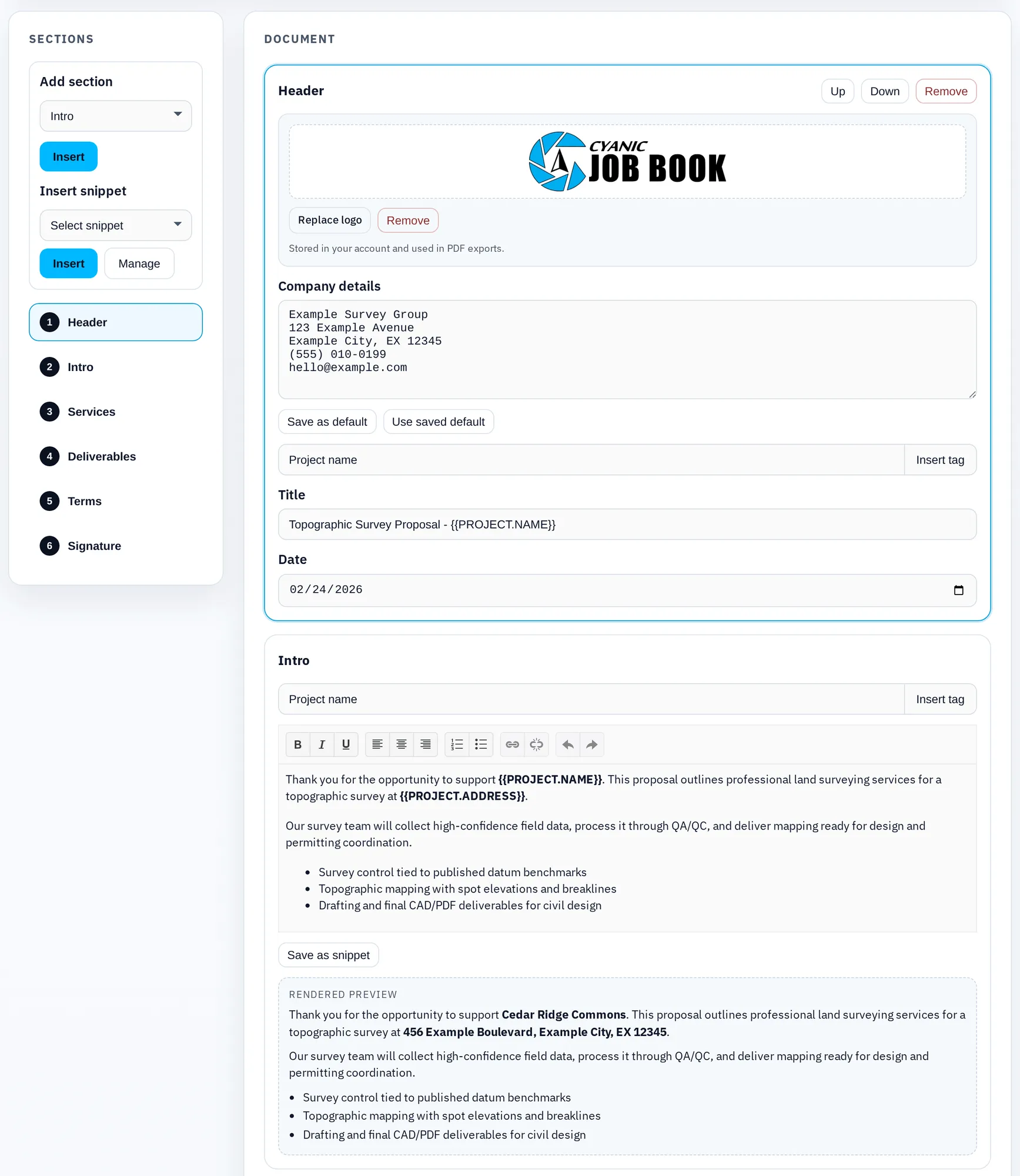 Proposal Builder document editor with section outline and rich text editing