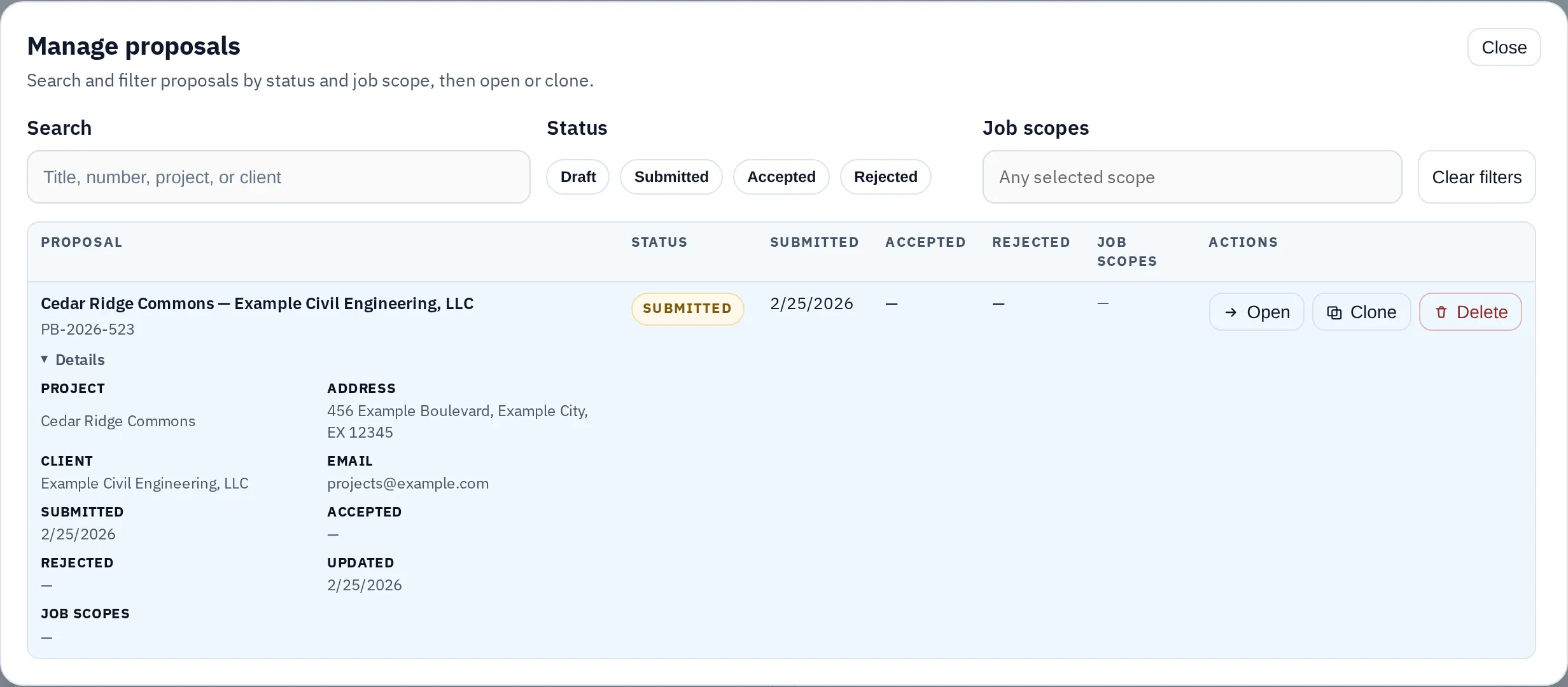 Proposal Builder manage proposals modal with search and filter