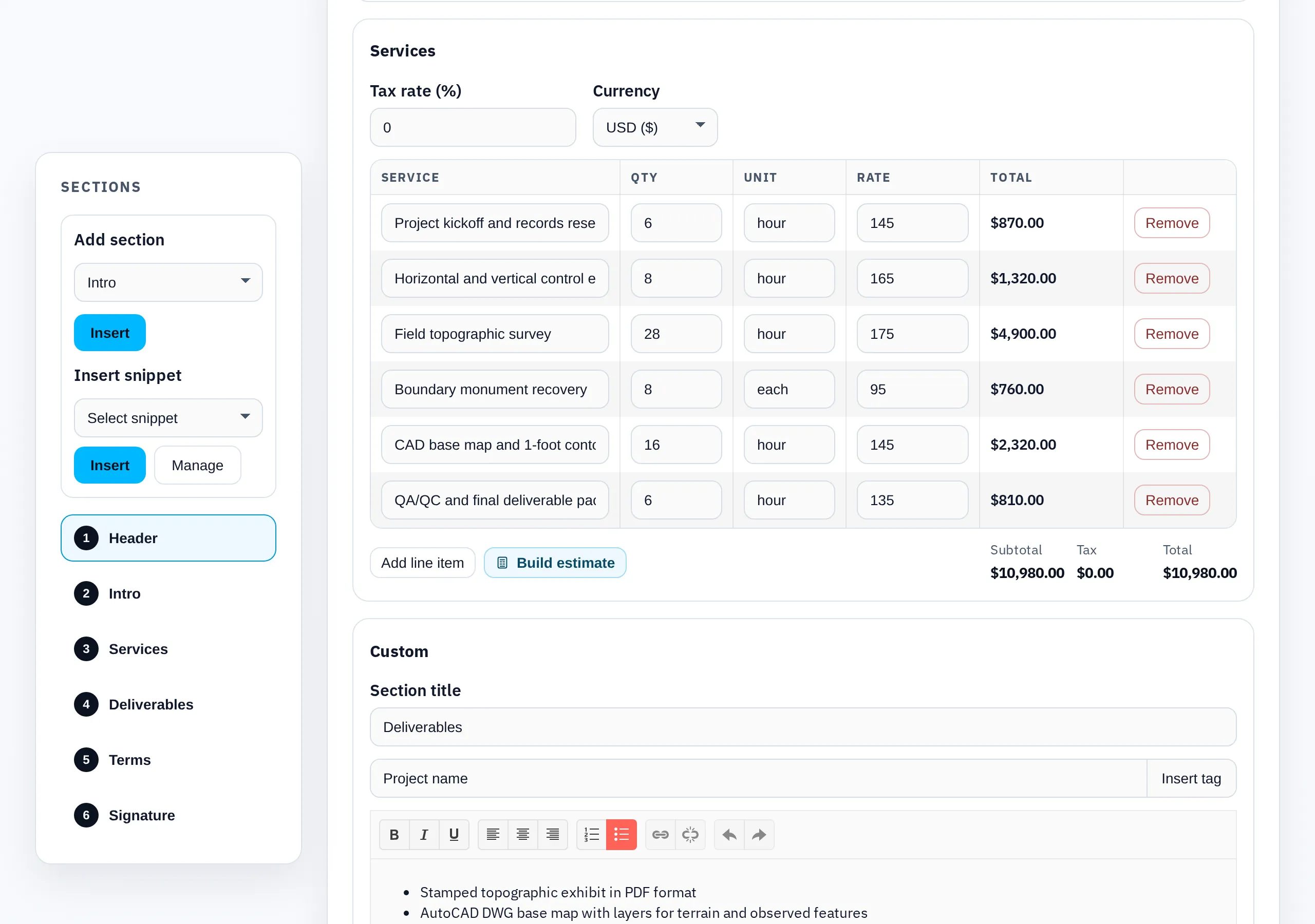 The same numbers, as the client sees them. A fixed-fee Services section generated from the estimate.