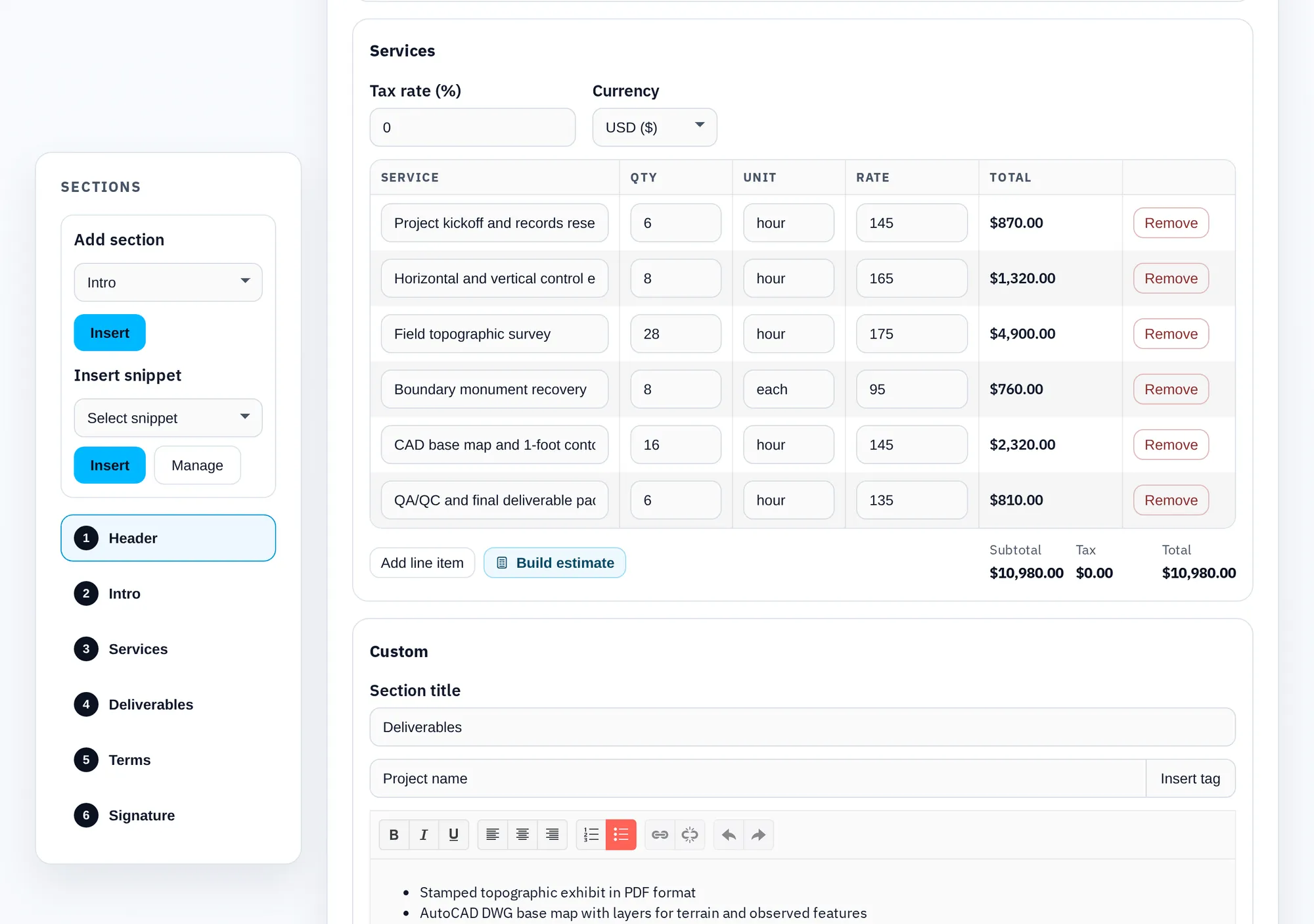 The same numbers, as the client sees them. A fixed-fee Services section generated from the estimate.
