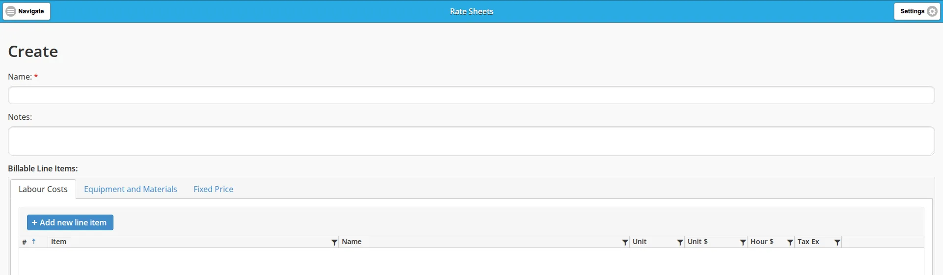 The top of the blank Create form for a rate sheet, on the Labour Costs tab