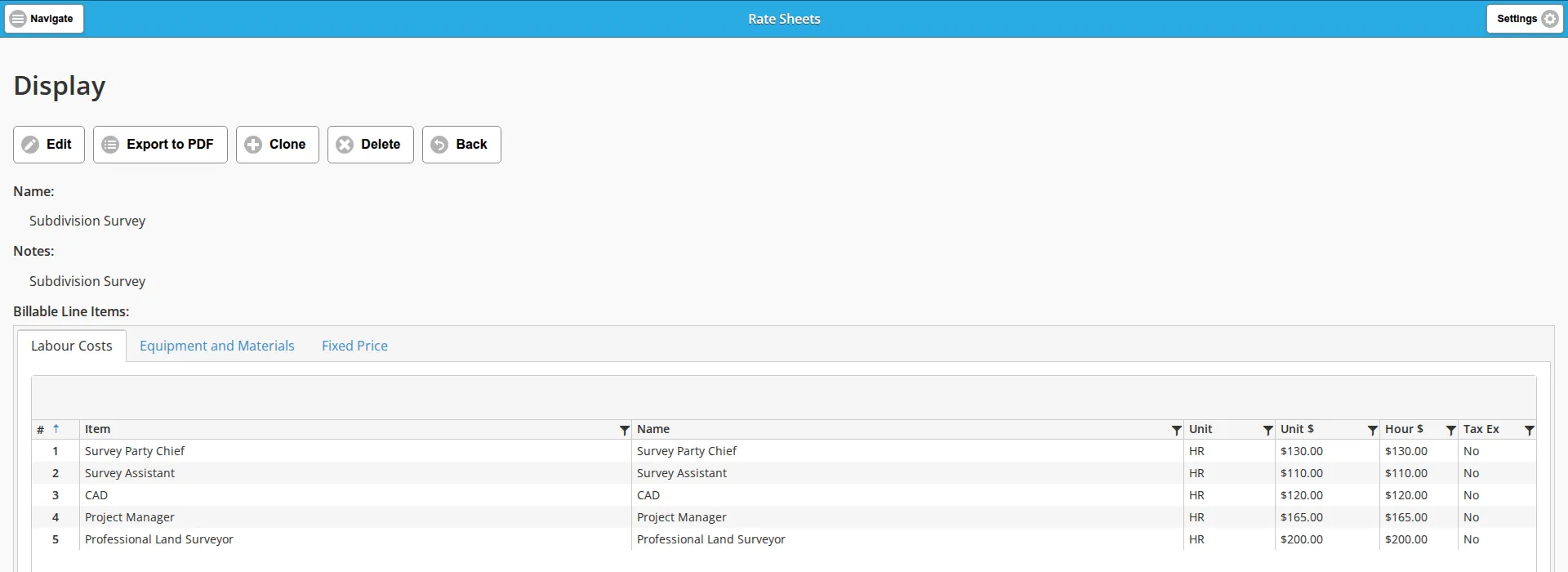 The display view of a rate sheet, open on the Labour Costs tab