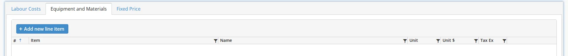 The Equipment and Materials tab of a rate sheet, with an empty grid