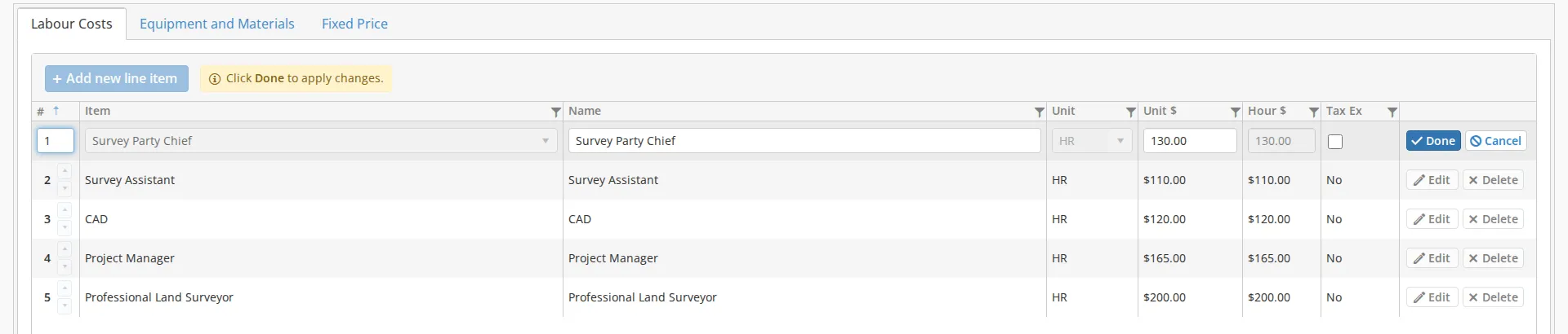 The Labour Costs grid with the first row open for editing