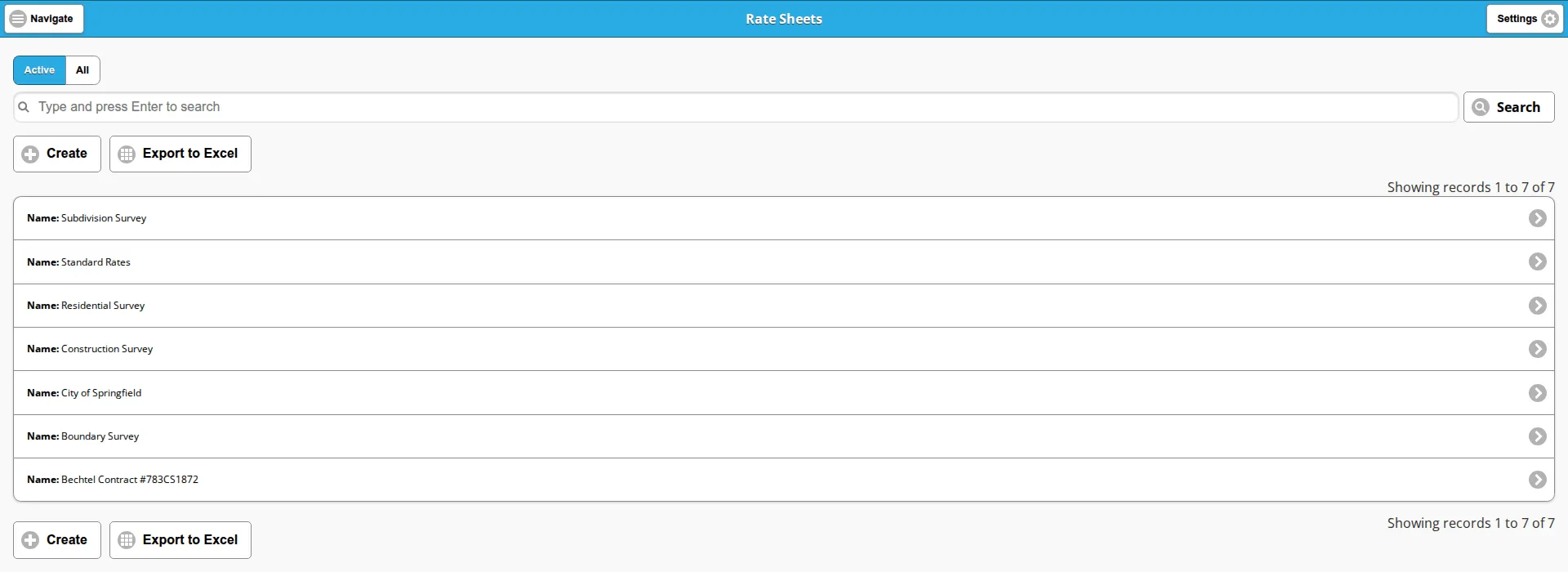 The Rate Sheets list on the Active view