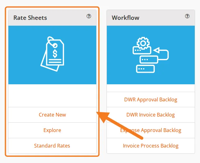 The Rate Sheets card on the dashboard, with Create New marked