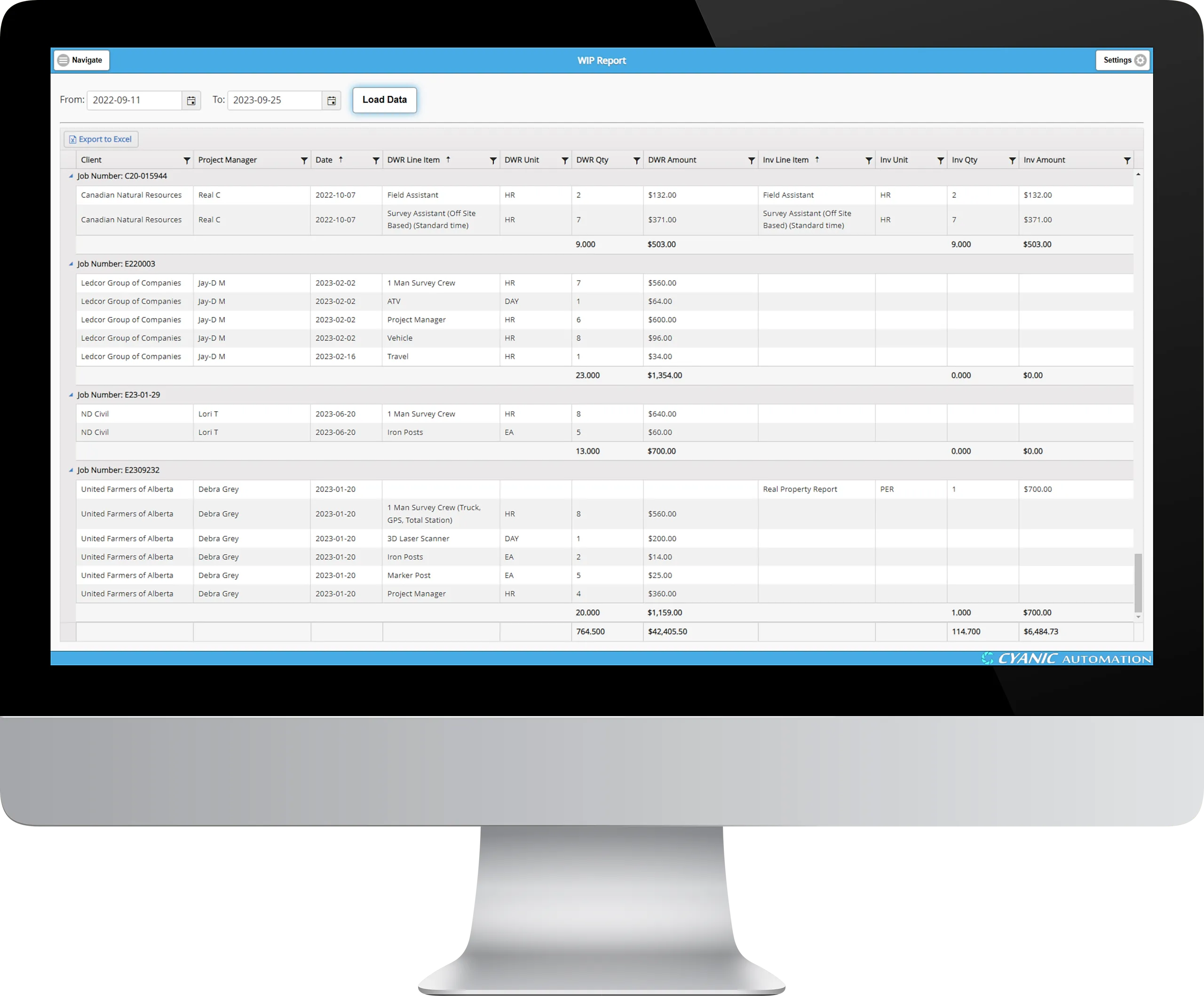 Job Book reporting dashboard showing job profitability
