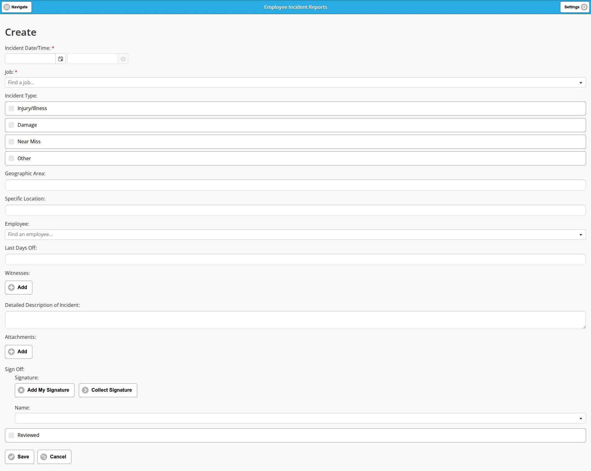 The blank Employee Incident Reports form