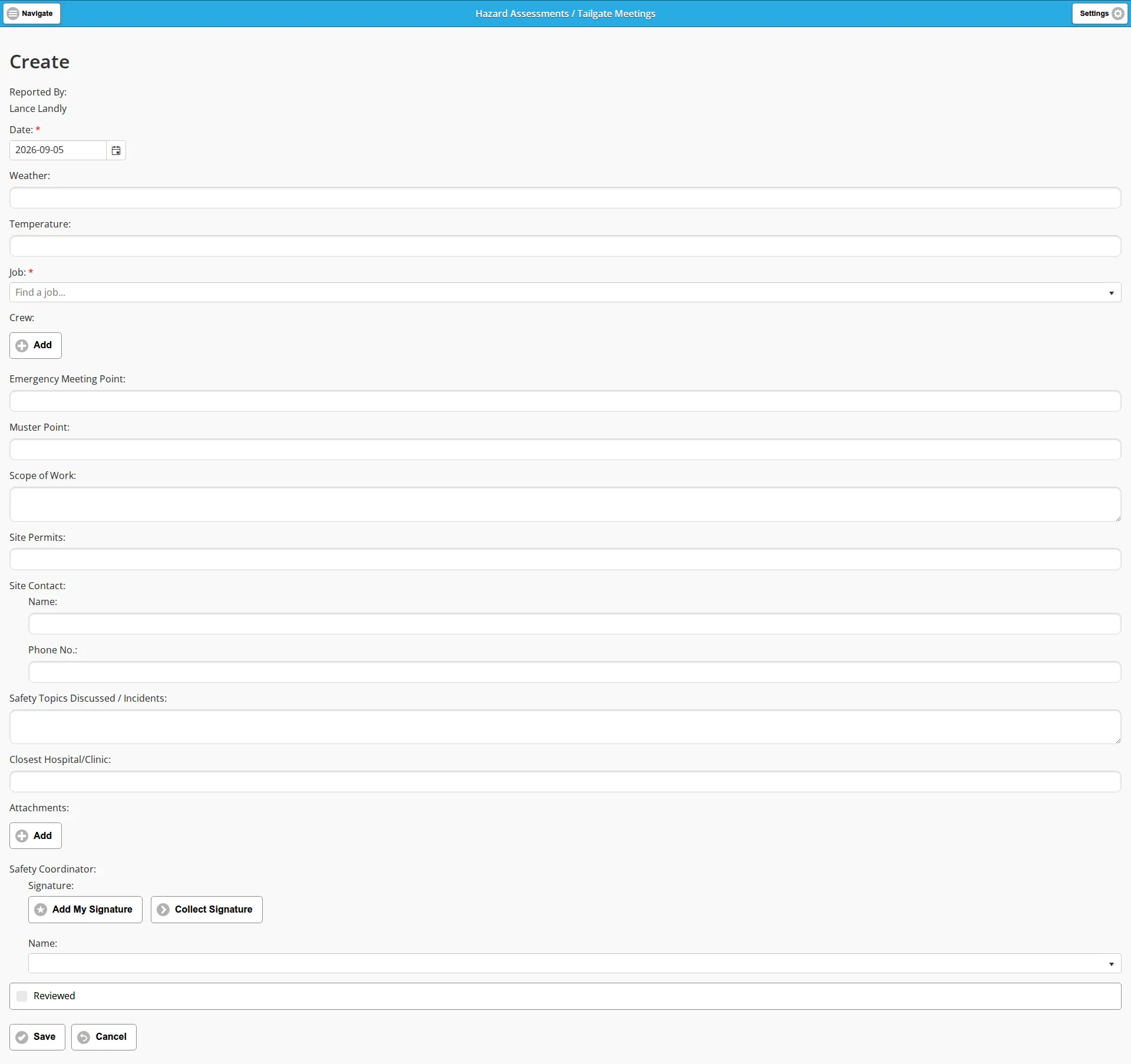 The blank Hazard Assessments / Tailgate Meetings form