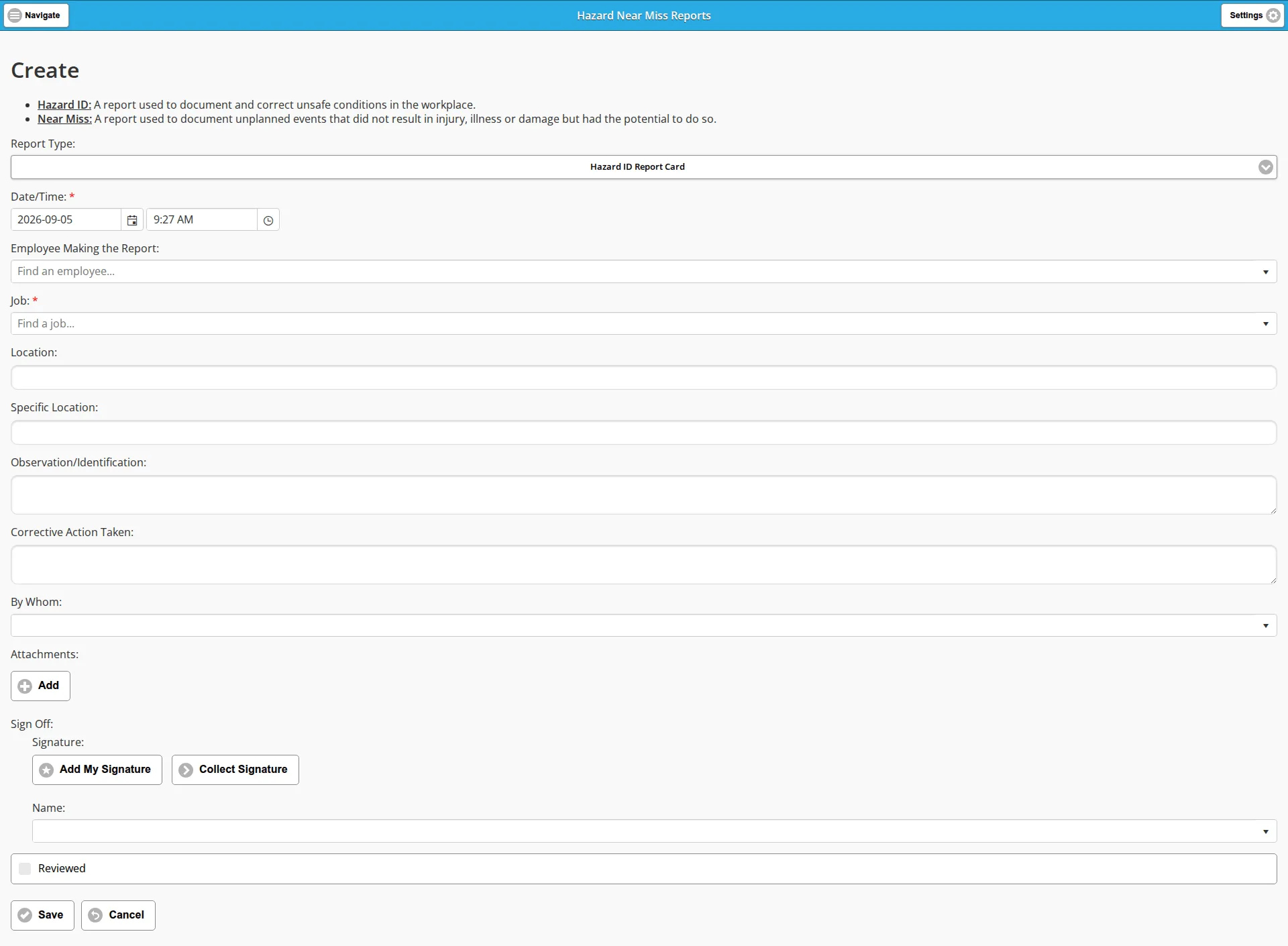 The blank Hazard Near Miss Reports form