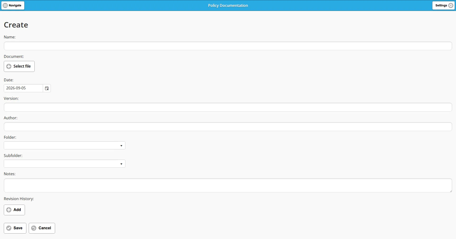 The blank Policy Documentation form
