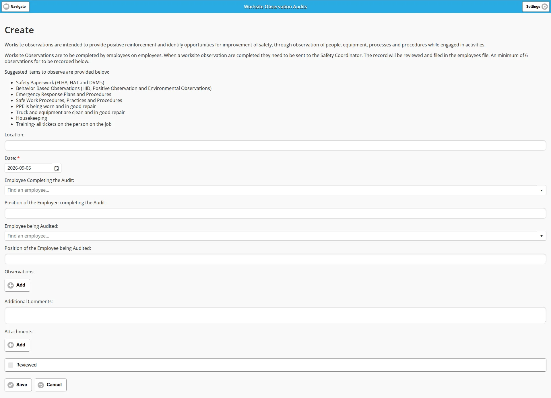 The blank Worksite Observation Audits form