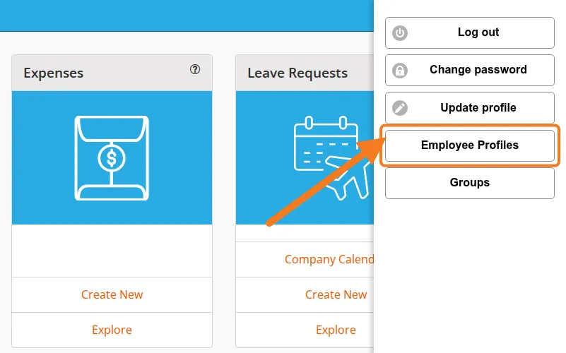 The Settings menu open on a technician account, with Employee Profiles marked