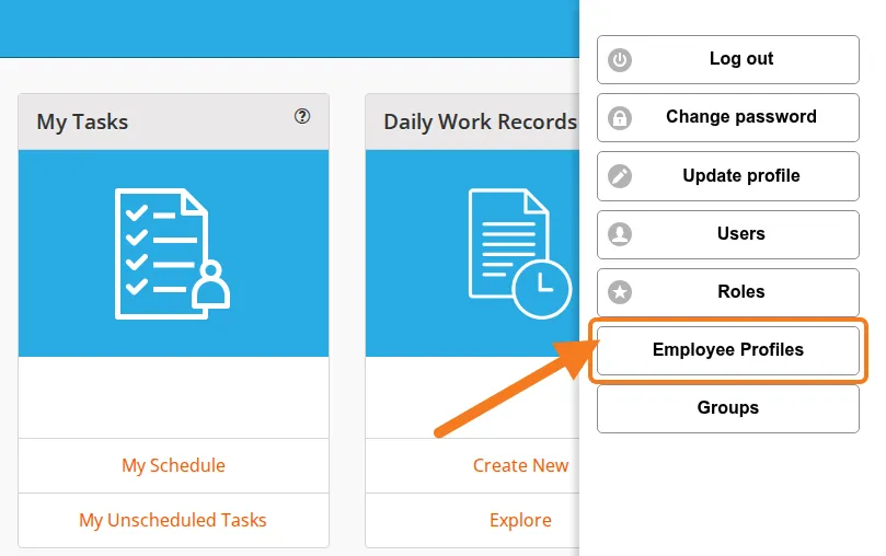 The Settings menu open, with Employee Profiles marked