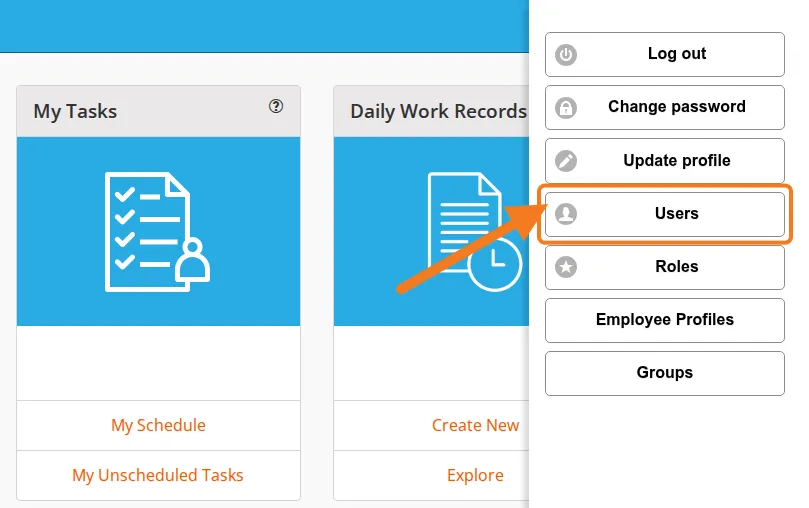 The Settings menu open, with Users marked