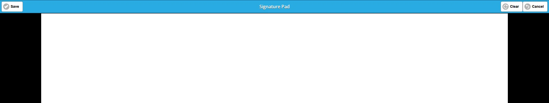 The Signature Pad with its Save, Clear and Cancel buttons above an empty pad