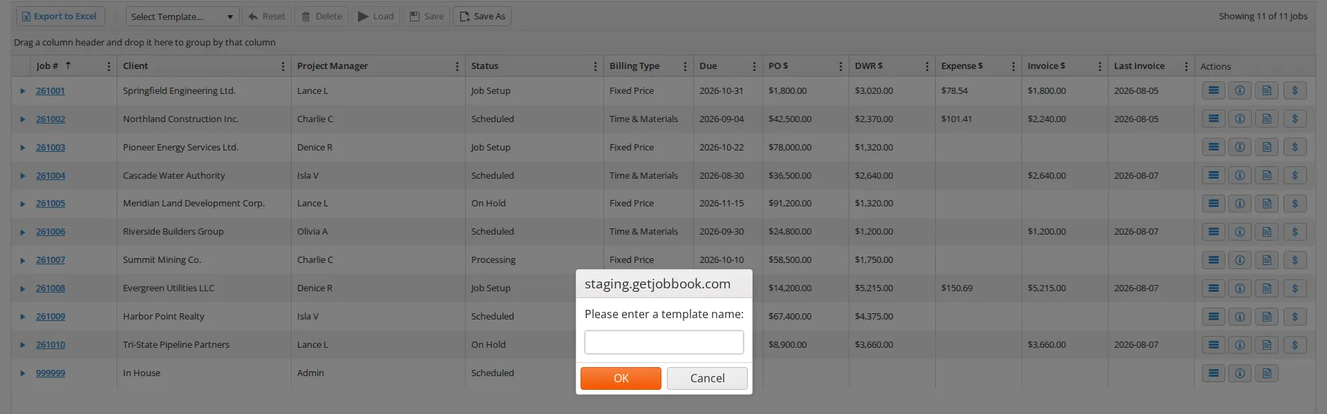 The Save As prompt asking for a template name, above the dimmed grid