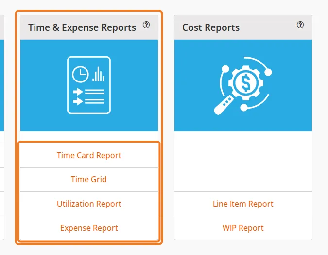 The Time & Expense Reports card on the dashboard, with its four links marked