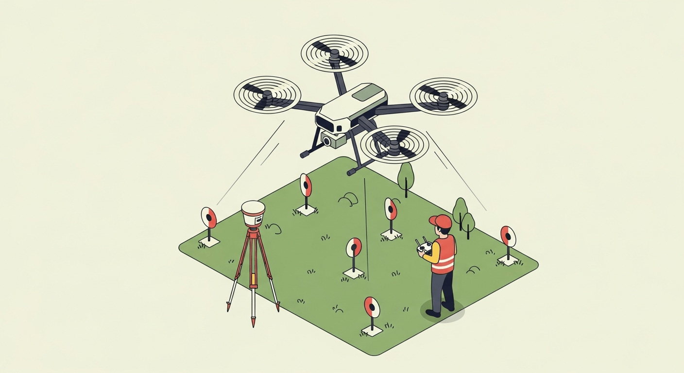 A UAV (drone) flying over a construction site to perform a survey.