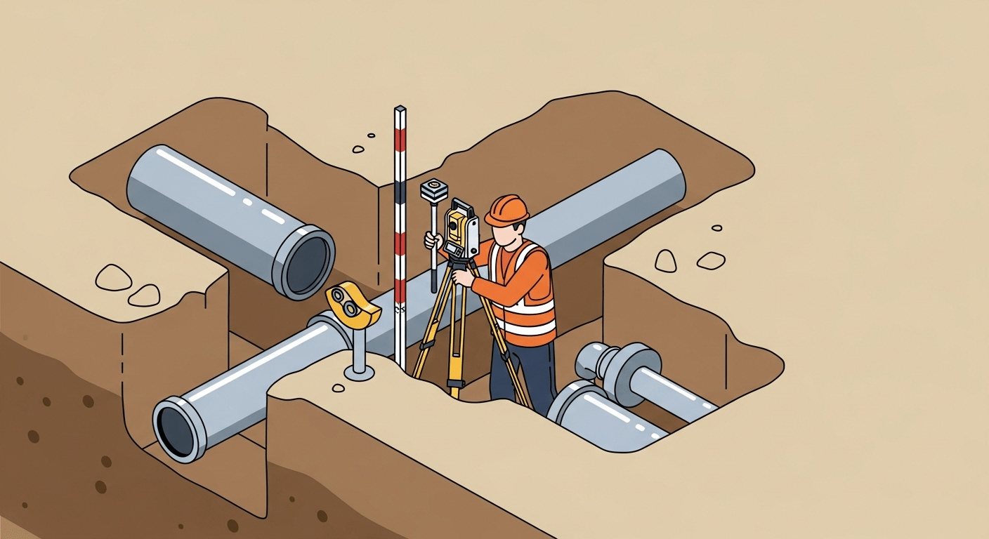 A surveyor using geophysical equipment to locate underground utilities in an urban environment.