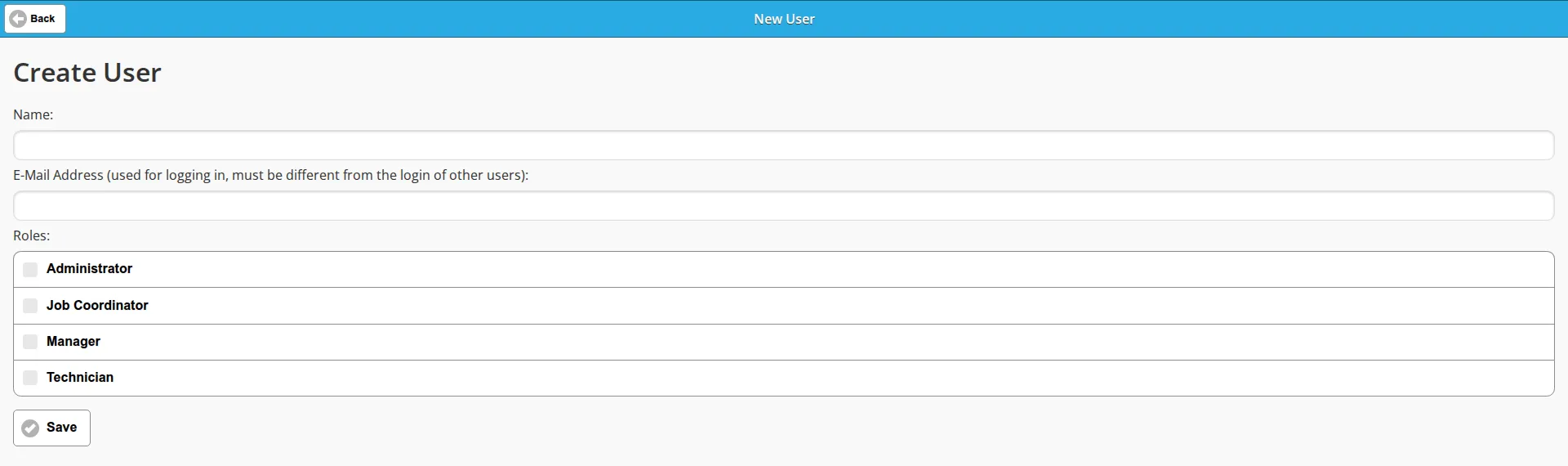 The Create User form