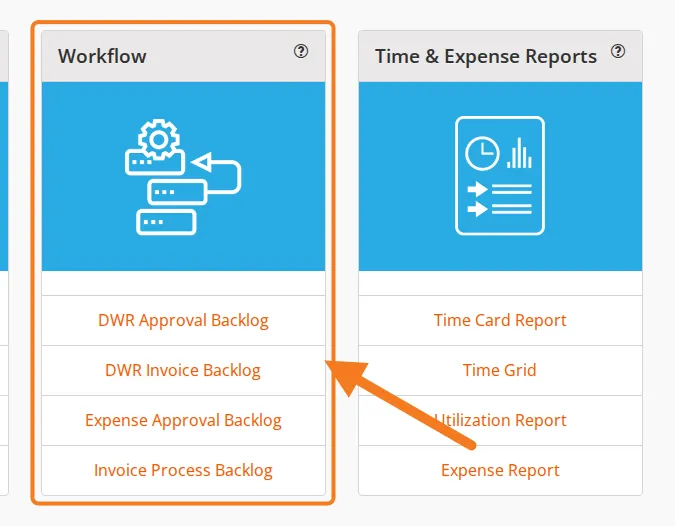 The Workflow card on the dashboard, with DWR Invoice Backlog marked